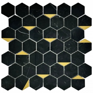  Hexagon Nero Marquina Gold POL (пикс. 48х48, толщ. 4 мм)